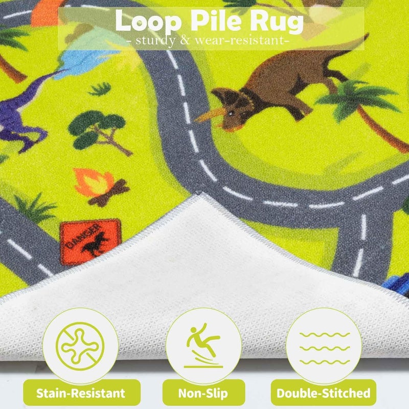 LIVEBOX Jurassic Park Kids Rug with Road Tracks - Dinosaur Themed Play Mat for Toy Cars, Non-Slip and Machine Washable Carpet for Playroom (3x5 FT) - Image 4